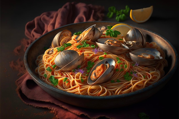 Bowl filled with pasta and clams generative ai