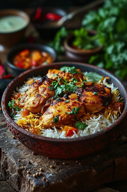 a bowl filled with rice and meat on top of a wooden table