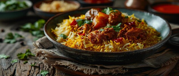 a bowl filled with rice and meat on top of a wooden table