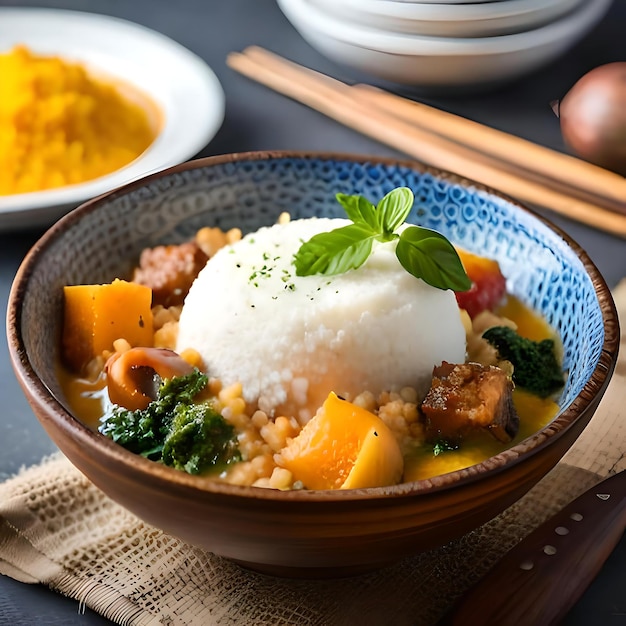 a bowl filled with rice and vegetables on top of a table