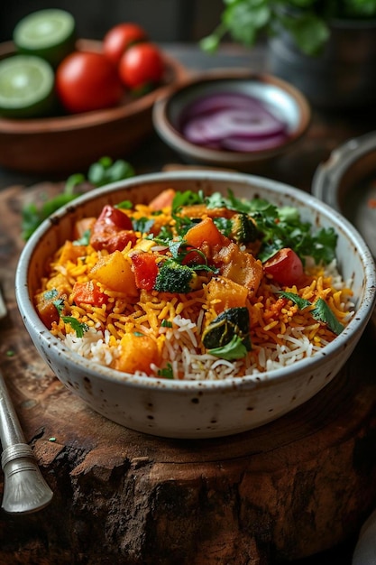 a bowl filled with rice and vegetables on top of a wooden table