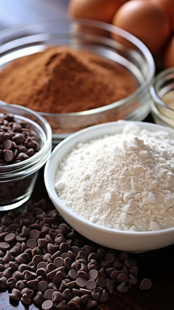 小麦粉とコーヒー豆のボウルと小麦粉のボウルと小麦粉のボウル。