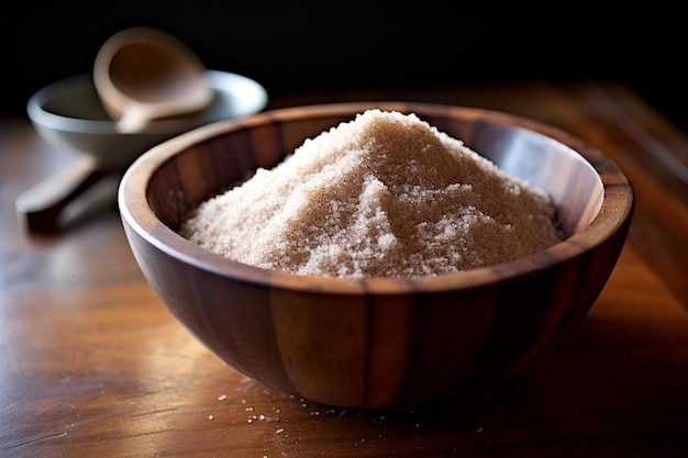 a bowl of flour with a spoon in it