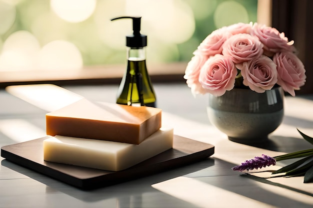 A bowl of flowers next to a bottle