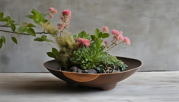 Photo a bowl of flowers and plants on a wooden table