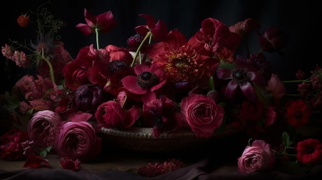 A bowl of flowers with a dark background