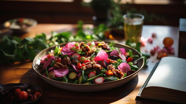 Bowl of Food Next to a Book on a Table