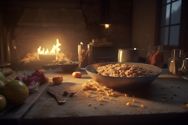 A bowl of food is on a table next to a fire.