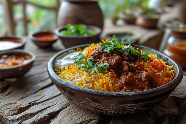 a bowl of food sitting on top of a wooden table