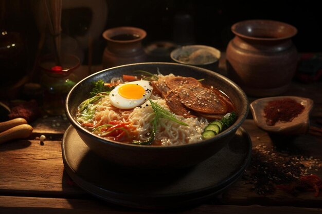 a bowl of food sitting on top of a wooden table