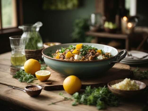 a bowl of food on a table with lemons and herbs around it