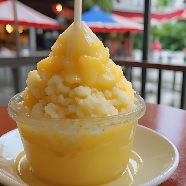 Photo a bowl of food that has a spoon in it