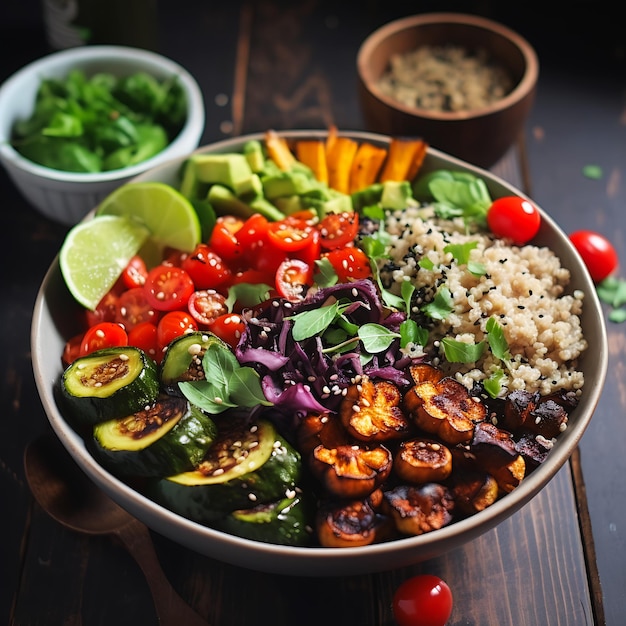 bowl food vegetables rice table grid styles method fiery particles vibrant color people eating metal