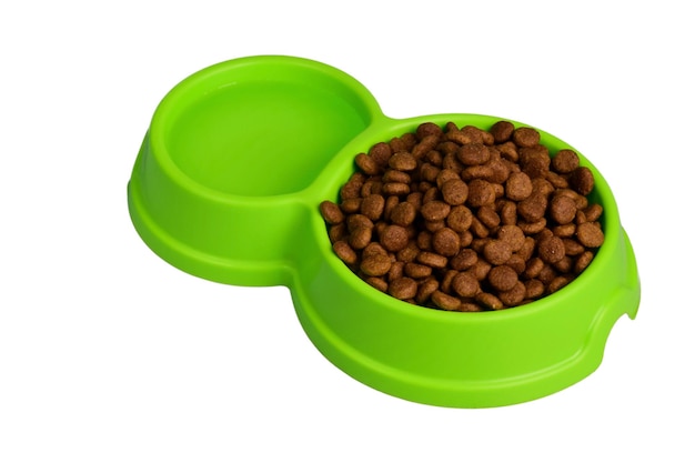 A bowl of food and water for a cat or dog on a white background