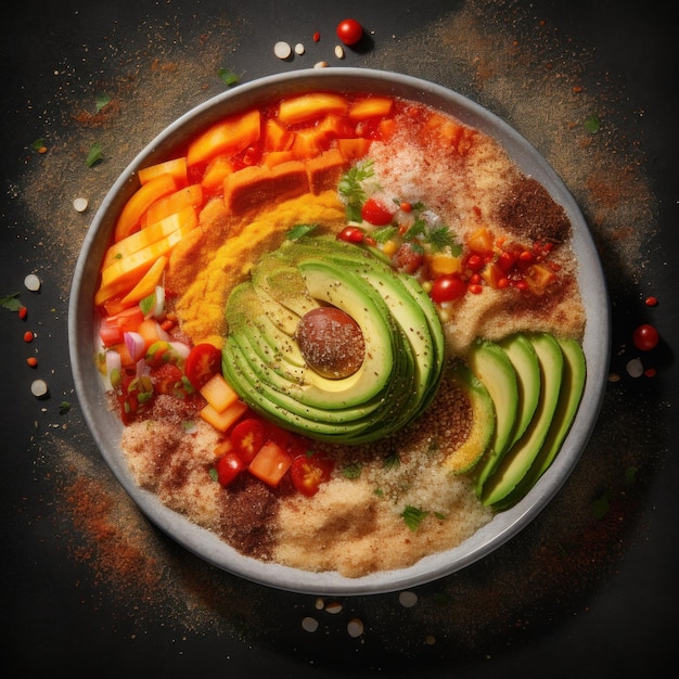 A bowl of food with avocado tomatoes and other vegetables generative ai image