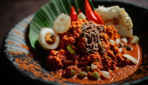 A bowl of food with a banana leaf on the side