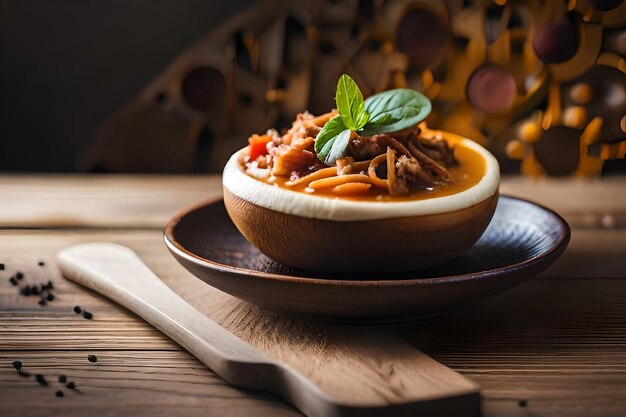 a bowl of food with beans and carrots on a wooden table