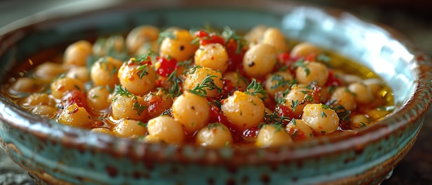 a bowl of food with beans and herbs in it