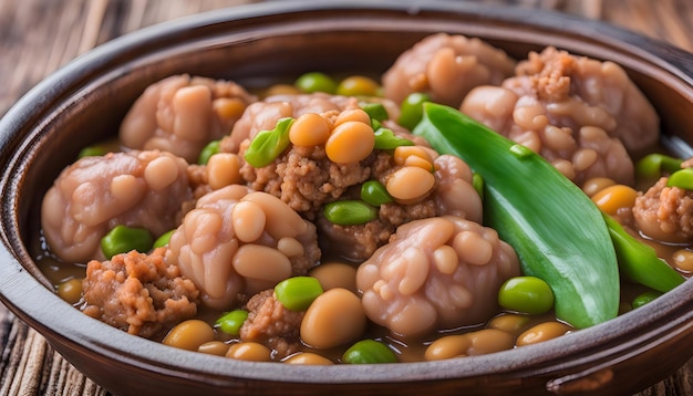 Photo a bowl of food with beans and peas in it