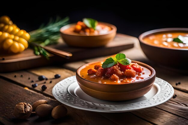 a bowl of food with beans and a pineapple on the side.