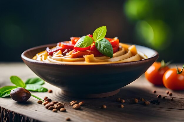 a bowl of food with beans and a tomato on it.