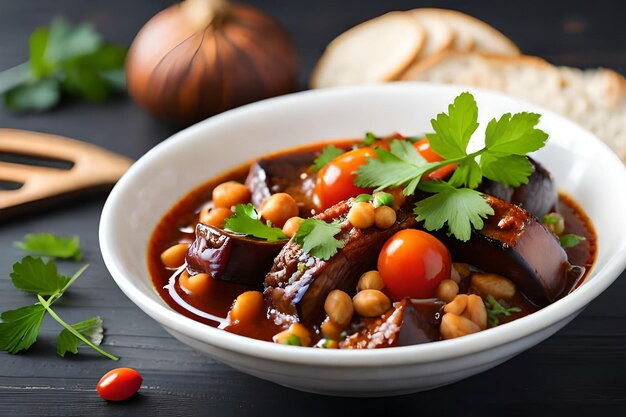 a bowl of food with beans and vegetables on a table.