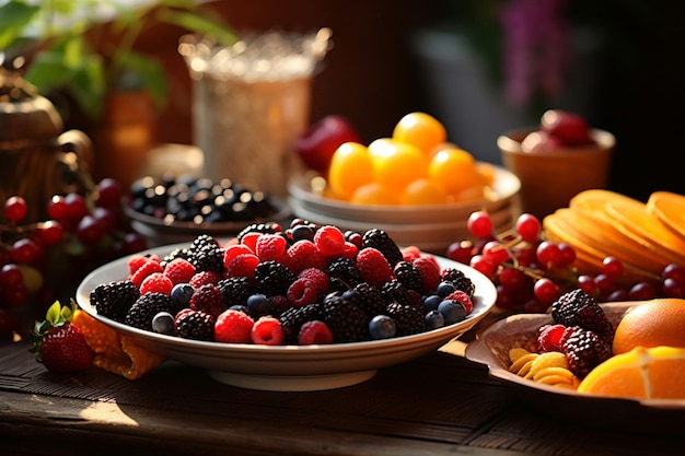 A bowl of food with berries and a plate of food on the table