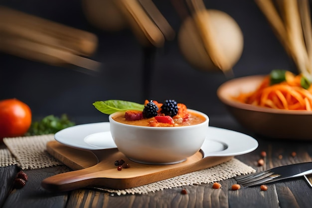 a bowl of food with berries and a spoon on a table.