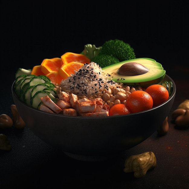 A bowl of food with a black background and a light behind it.