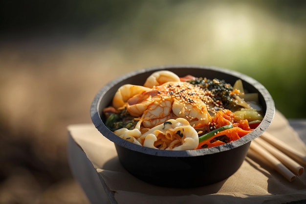 A bowl of food with a black bowl of food on a table