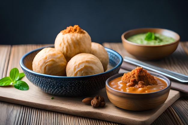 A bowl of food with a bowl of chutney and a bowl of chutney.