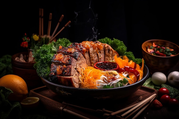 A bowl of food with a bowl of food on a table