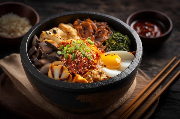 A bowl of food with a bowl of food on the table.