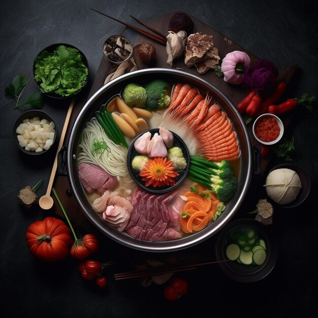 a bowl of food with a bowl of food with a spoon and chopsticks