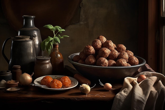 A bowl of food with a bowl of meatballs on it