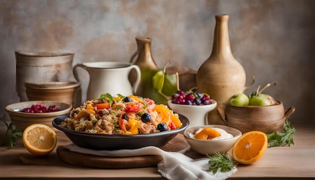 Photo a bowl of food with a bowl of rice and fruit on a table