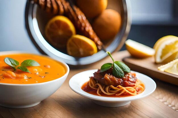 A bowl of food with a bowl of soup and a plate of food with a lemon wedge on it