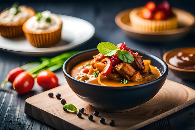 a bowl of food with a bowl of soup on the table.