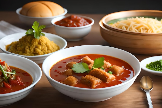 A bowl of food with a bowl of tomato soup and a bowl of spaghetti.