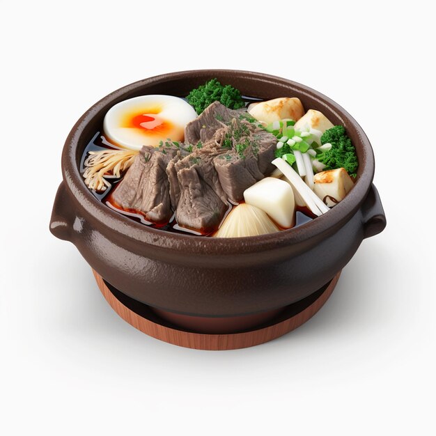 A bowl of food with a brown lid that says " tofu ".