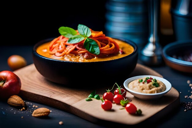 a bowl of food with carrots and a bowl of food on a table.