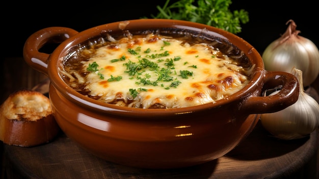 Photo a bowl of food with cheese and parsley on a table