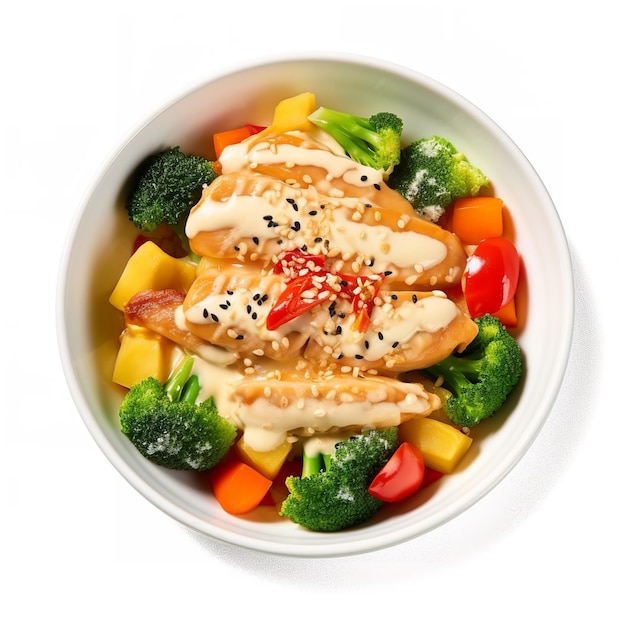 A bowl of food with a chicken and broccoli on top.