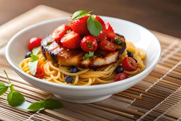 A bowl of food with chicken, meat, and vegetables