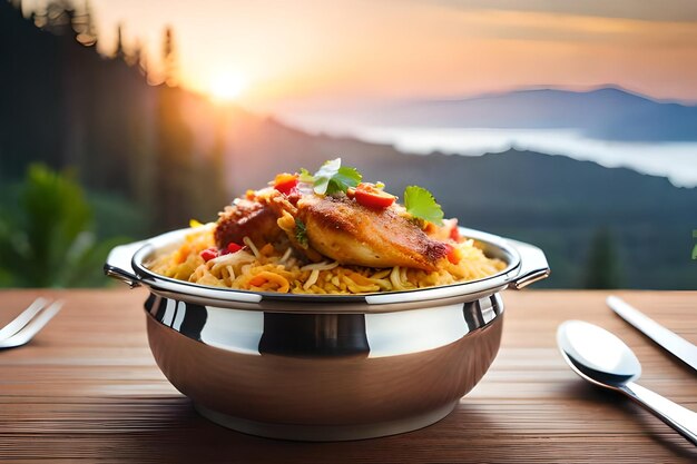 A bowl of food with chicken and noodles on a table