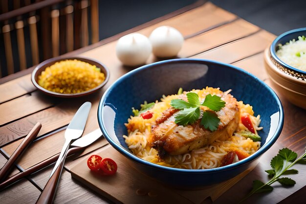 a bowl of food with chicken and noodles on a table.