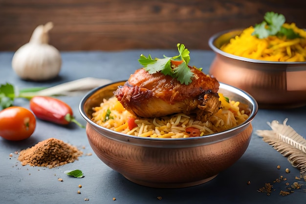 A bowl of food with a chicken and rice dish on a table.