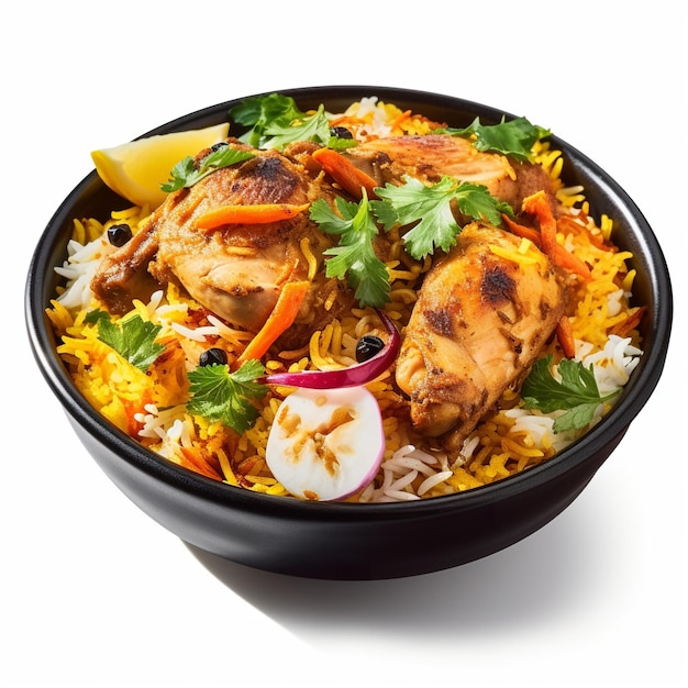 A bowl of food with chicken and rice and vegetables.