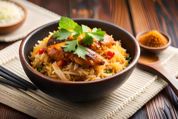 A bowl of food with chicken and rice