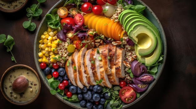 A bowl of food with a chicken salad on it.